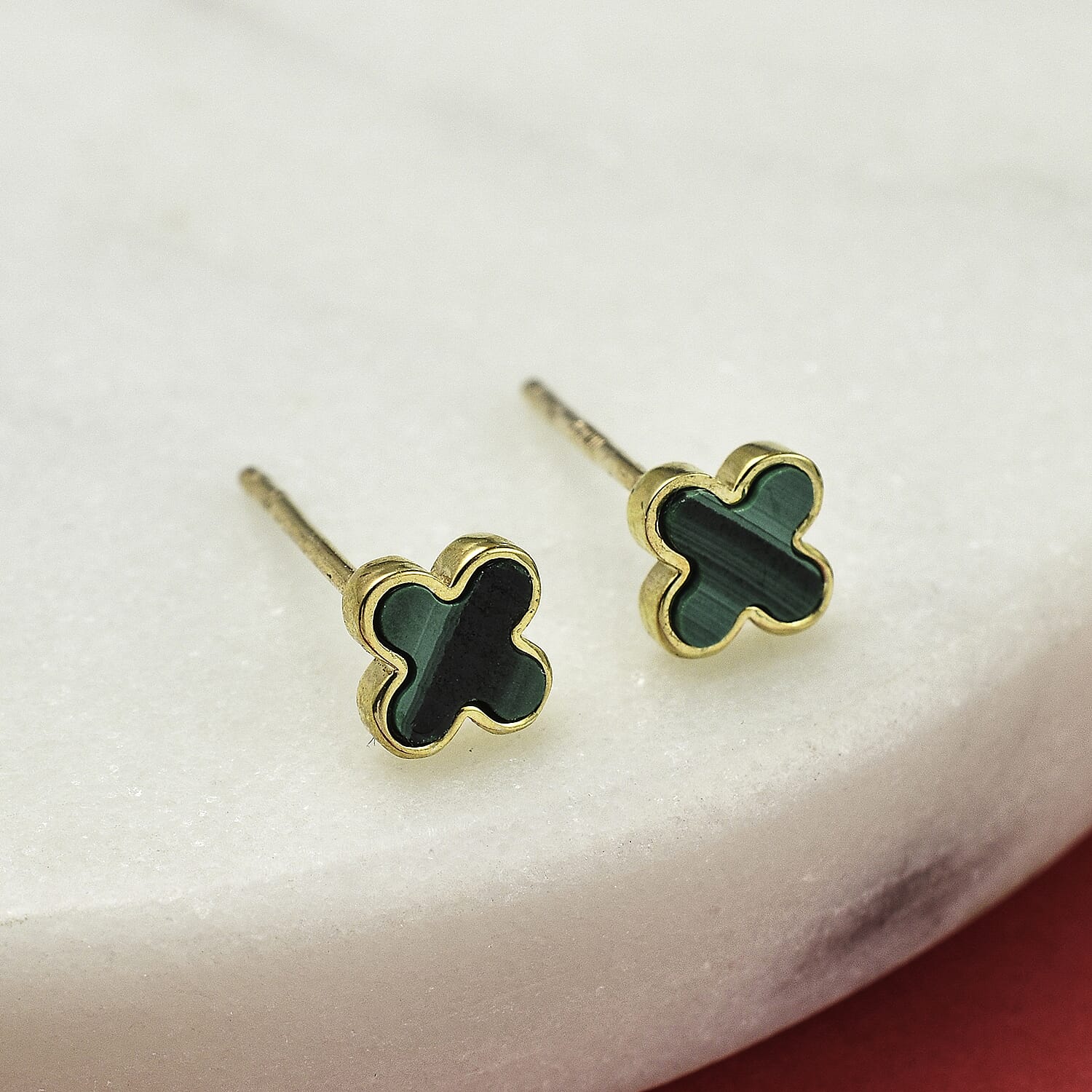 Designer Inspired - 9K Yellow Gold Malachite Clover Stud Earrings
