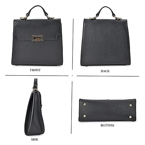 Genuine Leather Crossbody Bag with Handle Drop - Black