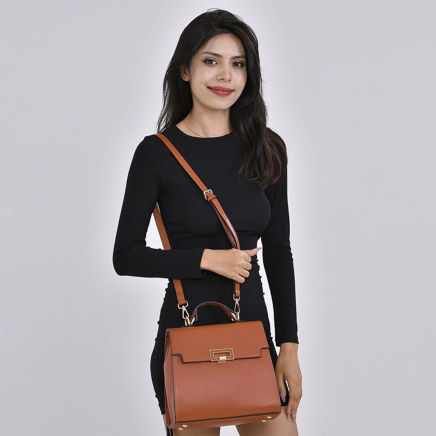 Genuine Leather Solid Crossbody Bag with Handle Drop - Tan