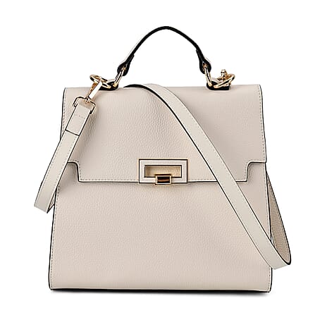 Genuine Leather Solid Crossbody Bag with Handle Drop - Cream