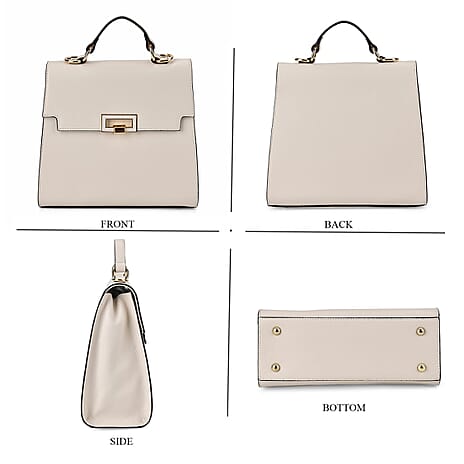 Genuine Leather Solid Crossbody Bag with Handle Drop - Cream