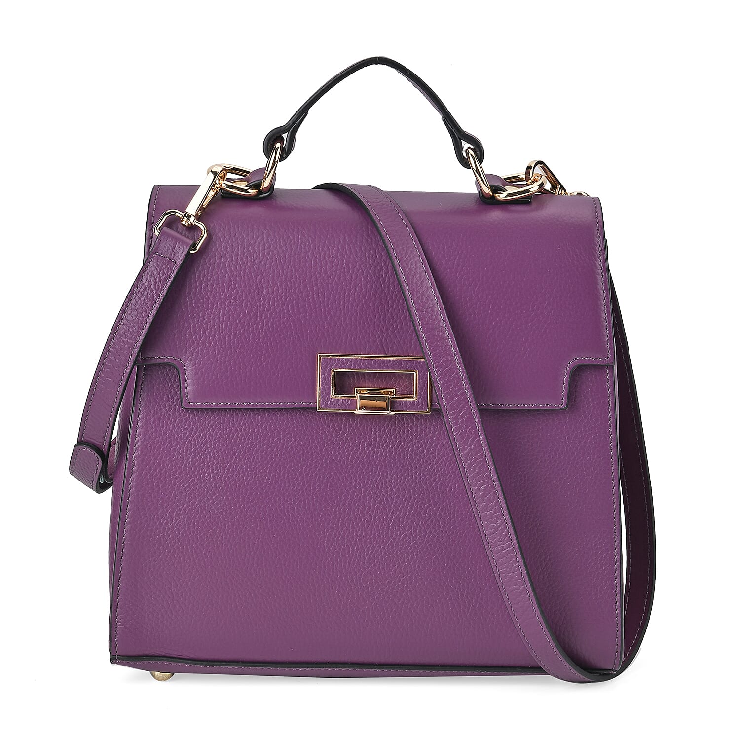 Genuine Leather Solid Crossbody Bag with Handle Drop - Purple