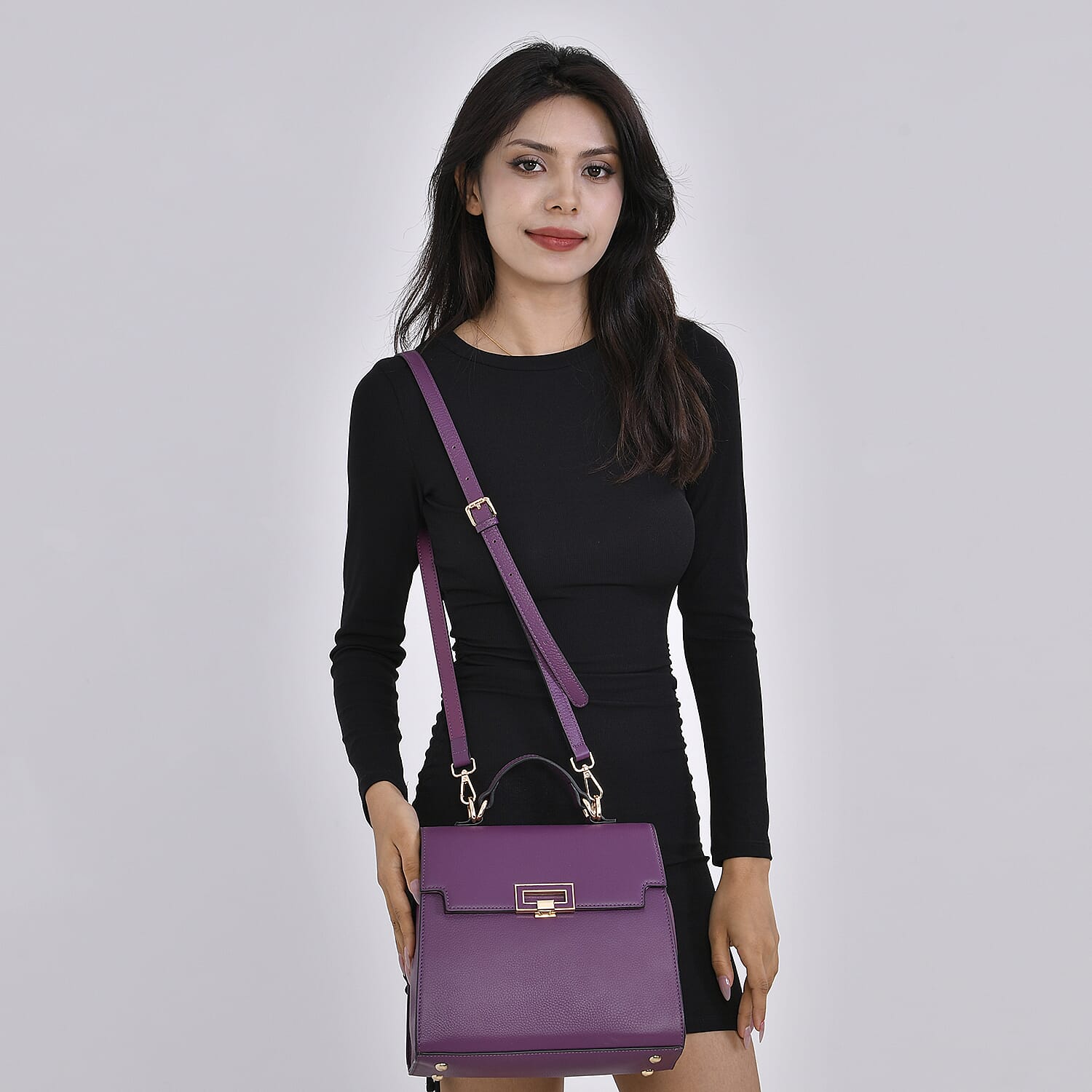 Genuine Leather Solid Crossbody Bag with Handle Drop - Purple