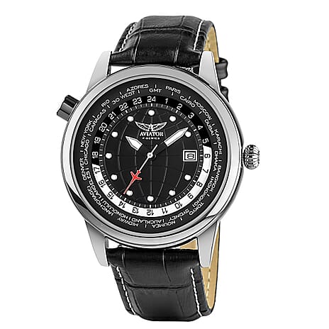 AVIATOR World Timer 3 ATM Water Resistant Watch with Black Leather Strap