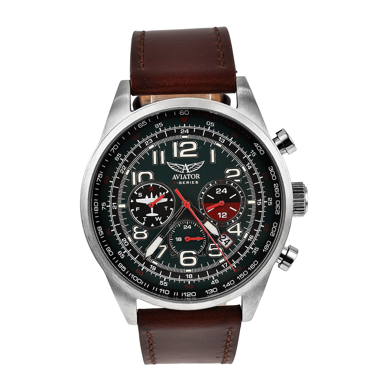 AVIATOR Quartz Movt. 5 ATM Water Resistant Mens Watch with Brown Leather Strap