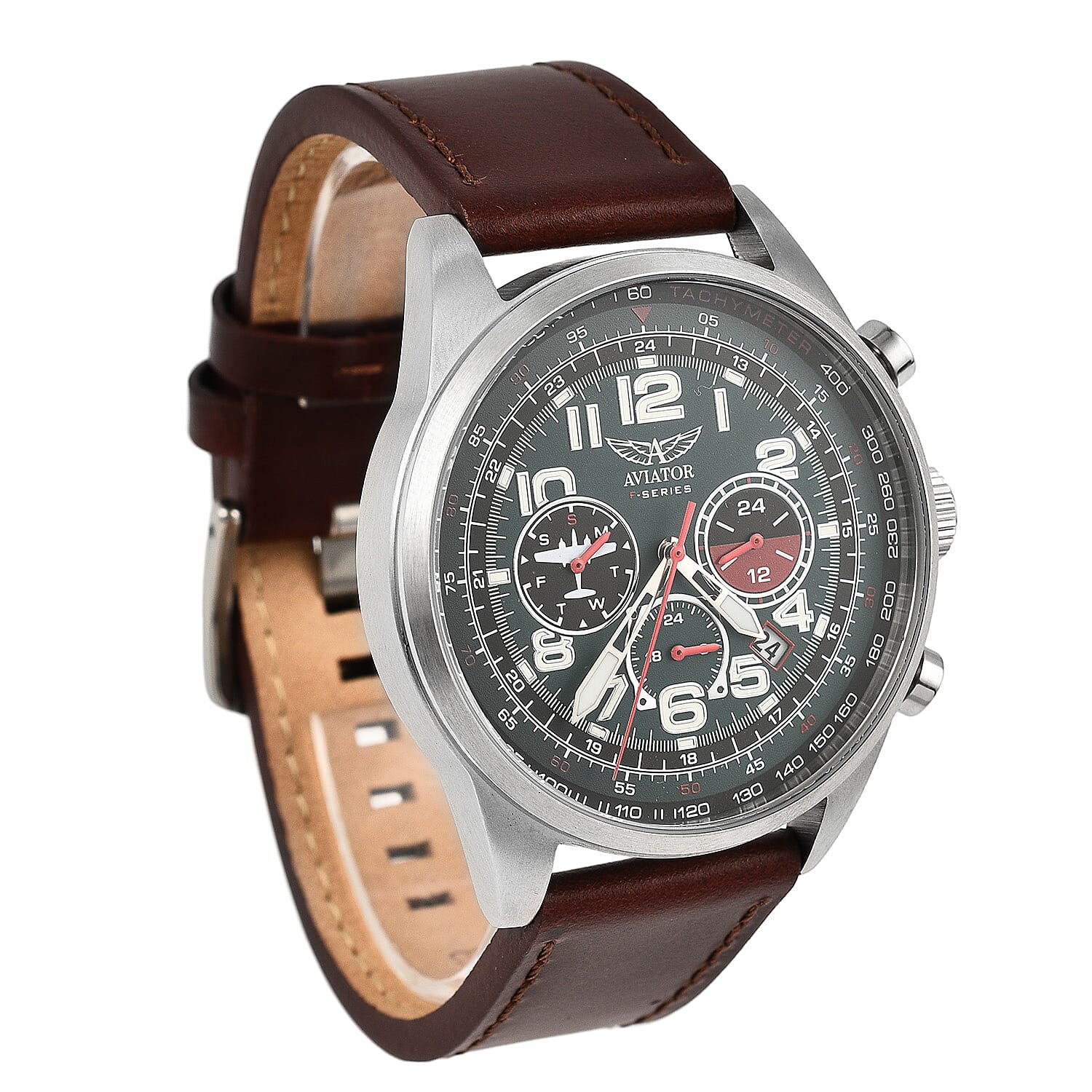 AVIATOR Quartz Movt. 5 ATM Water Resistant Mens Watch with Brown Leather Strap