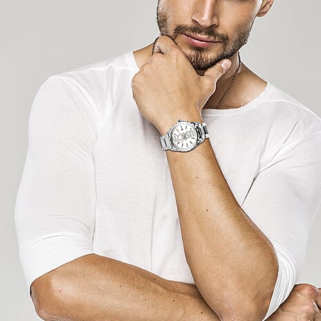 JUST CAVALLI Water Resistant White Dial Mens Watch with Stainless Steel Chain Strap