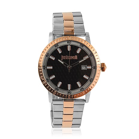 JUST CAVALLI Quartz Movt. WR Black Dial Two Tone Mens Watch with Stainless Steel Chain Strap in Dual Tone