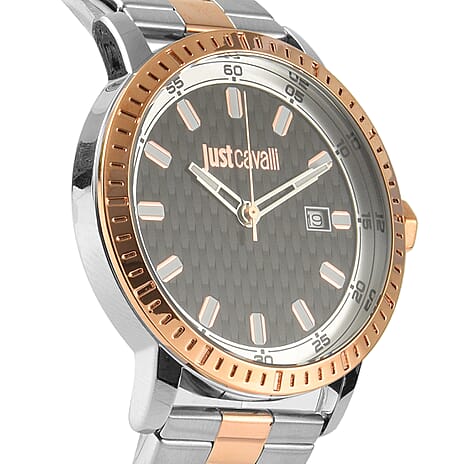 JUST CAVALLI Quartz Movt. WR Black Dial Two Tone Mens Watch with Stainless Steel Chain Strap in Dual Tone