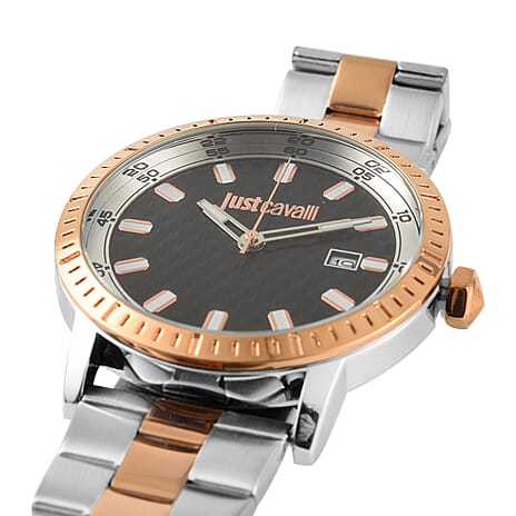 JUST CAVALLI Quartz Movt. WR Black Dial Two Tone Mens Watch with Stainless Steel Chain Strap in Dual Tone