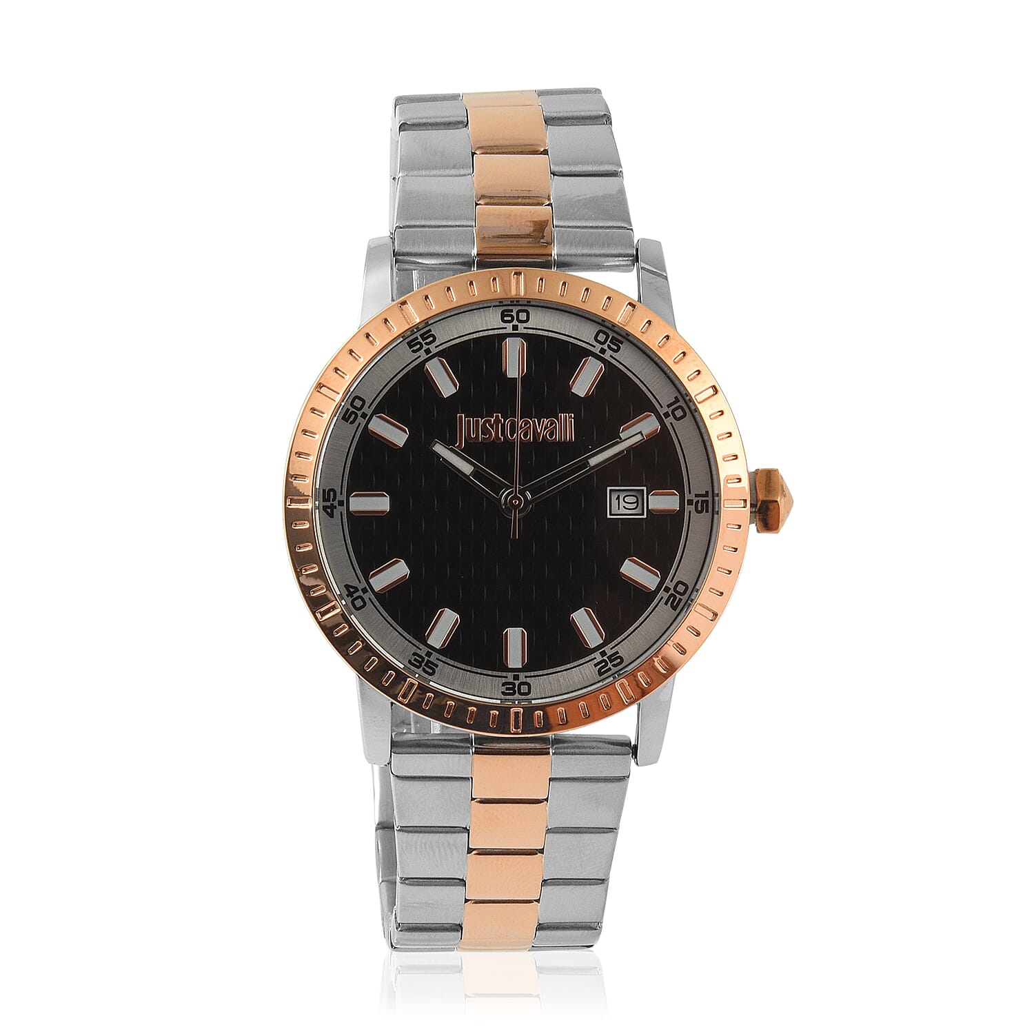 JUST CAVALLI Water Resistant Black Dial Two Tone Watch with Stainless Steel Chain Strap