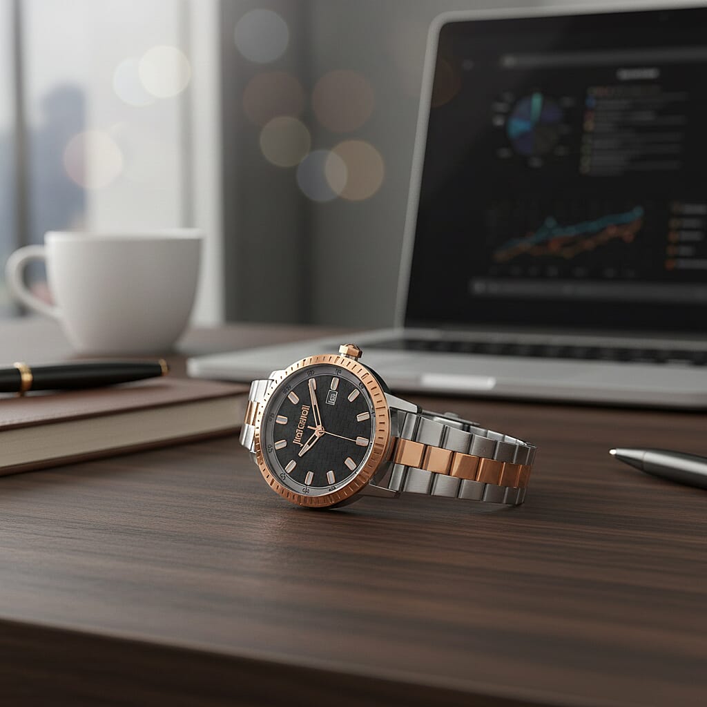 JUST CAVALLI Water Resistant Black Dial Two Tone Watch with Stainless Steel Chain Strap