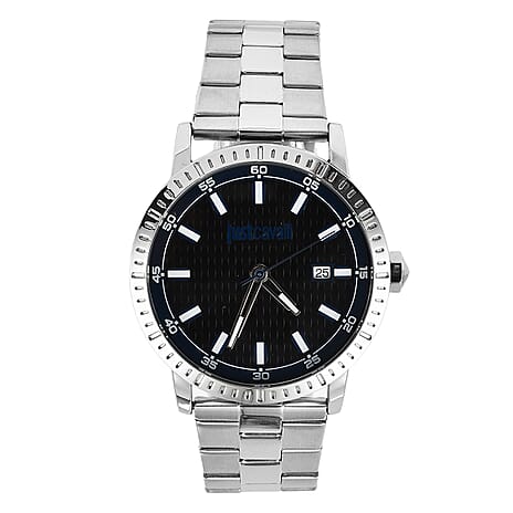 JUST CAVALLI Quartz Movt. WR Black Dial Mens Watch with Stainless Steel Chain Strap in Silver Tone