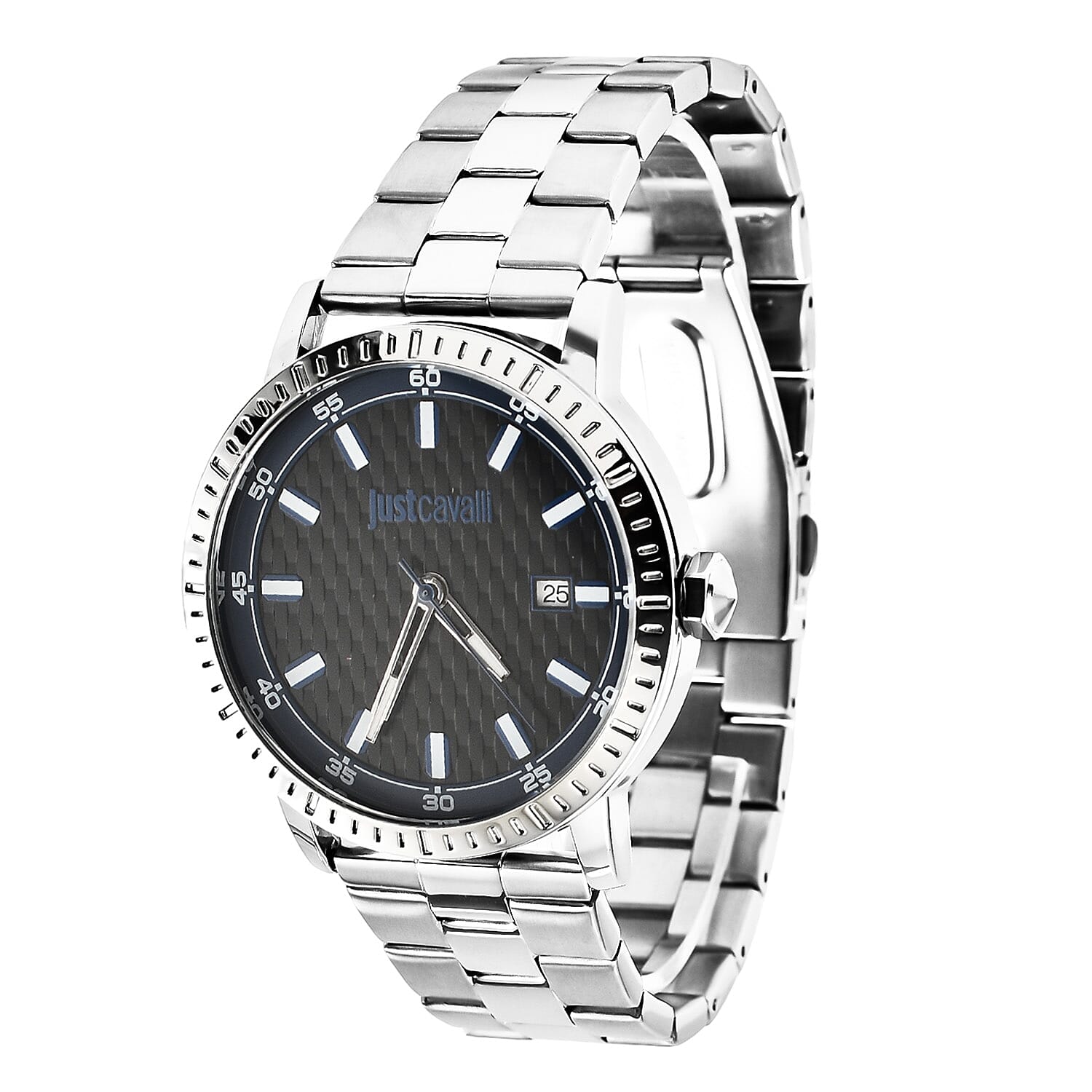 JUST CAVALLI Quartz Movt. WR Black Dial Mens Watch with Stainless Steel Chain Strap in Silver Tone