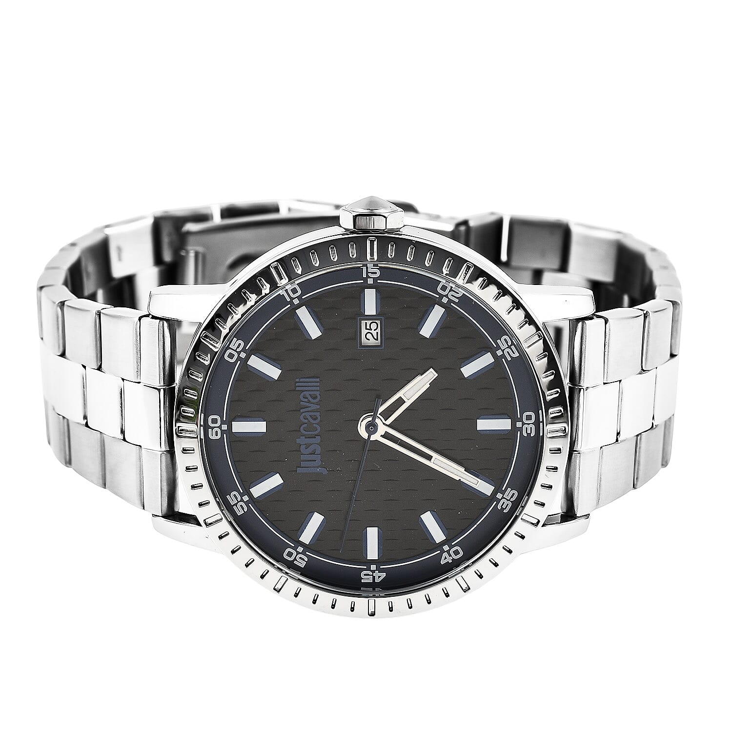 JUST CAVALLI Quartz Movt. WR Black Dial Mens Watch with Stainless Steel Chain Strap in Silver Tone