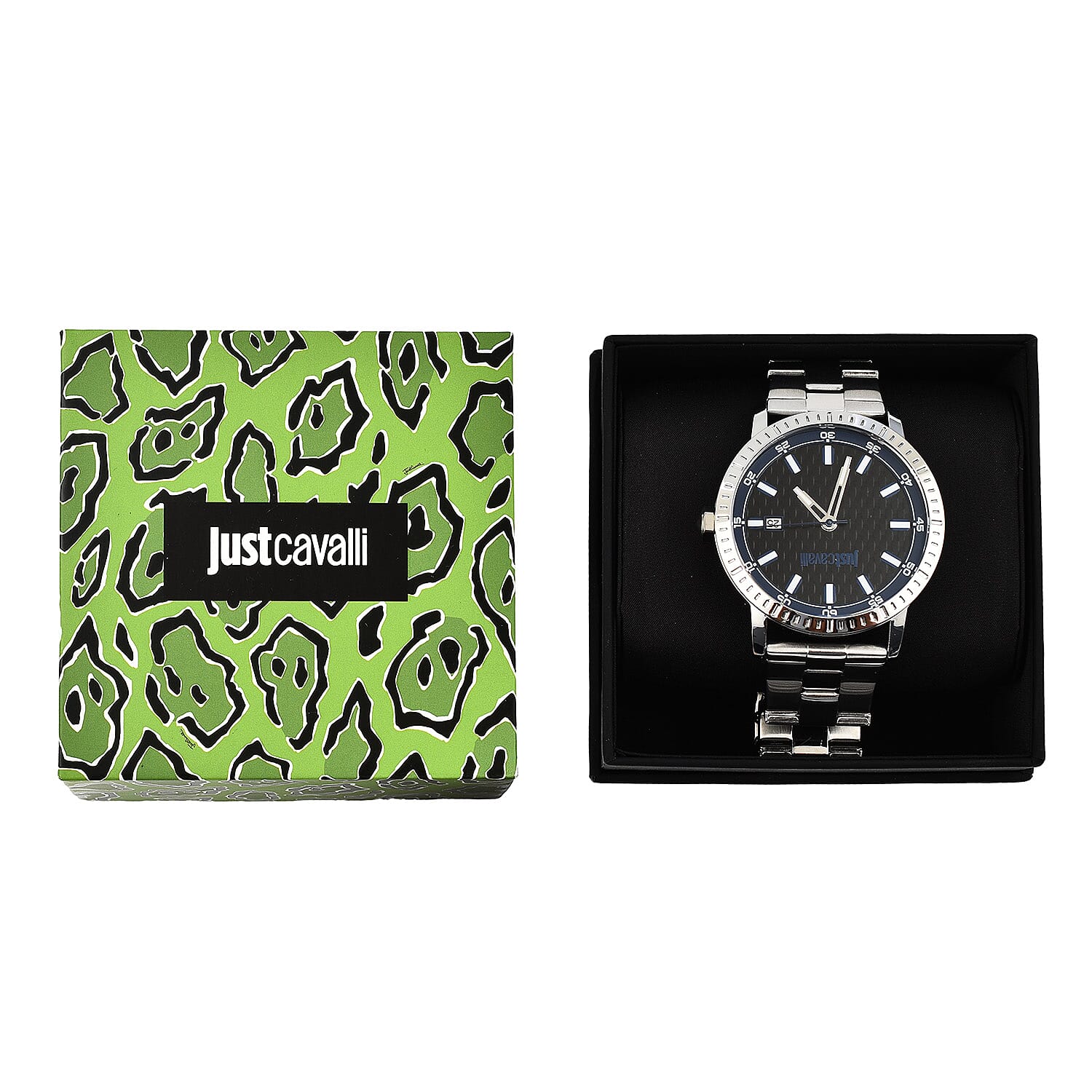 JUST CAVALLI Water Resistant Black Dial  Watch with Stainless Steel Chain Strap