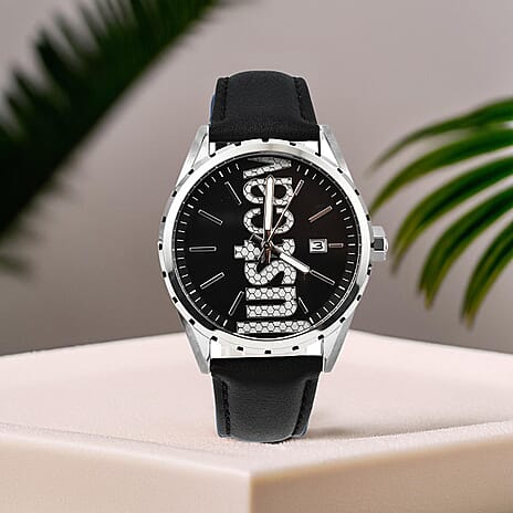 JUST CAVALLI Black Dial  Water Resistant Mens Watch with Black Leather Strap