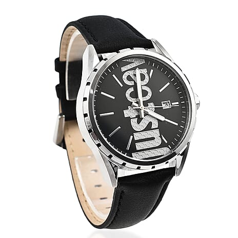 JUST CAVALLI Black Dial  Water Resistant Mens Watch with Black Leather Strap