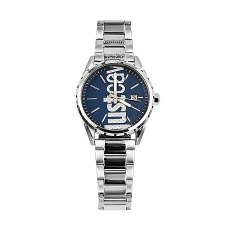 JUST CAVALLI Blue Dial Water Resistant Watch with Stainless Steel Chain Strap