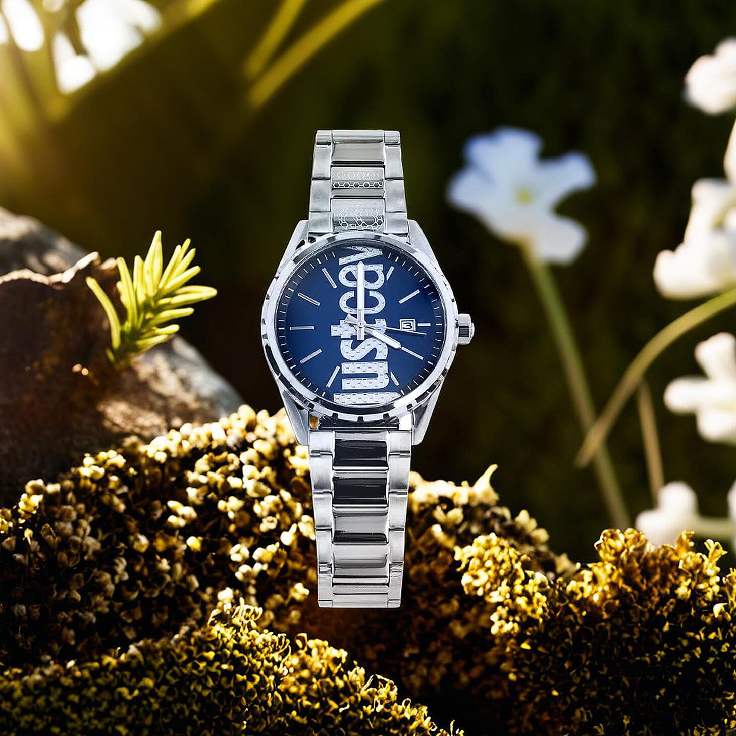 JUST CAVALLI Blue Dial Water Resistant Watch with Stainless Steel Chain Strap