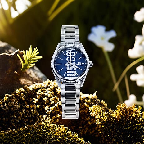 JUST CAVALLI Blue Dial Water Resistant Watch with Stainless Steel Chain Strap