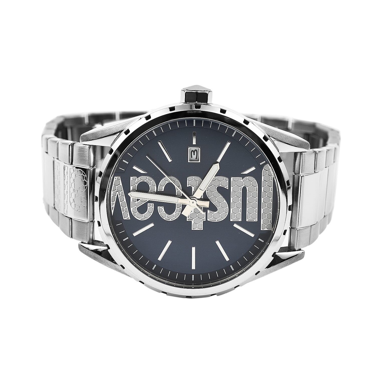 JUST CAVALLI Blue Dial Water Resistant Watch with Stainless Steel Chain Strap