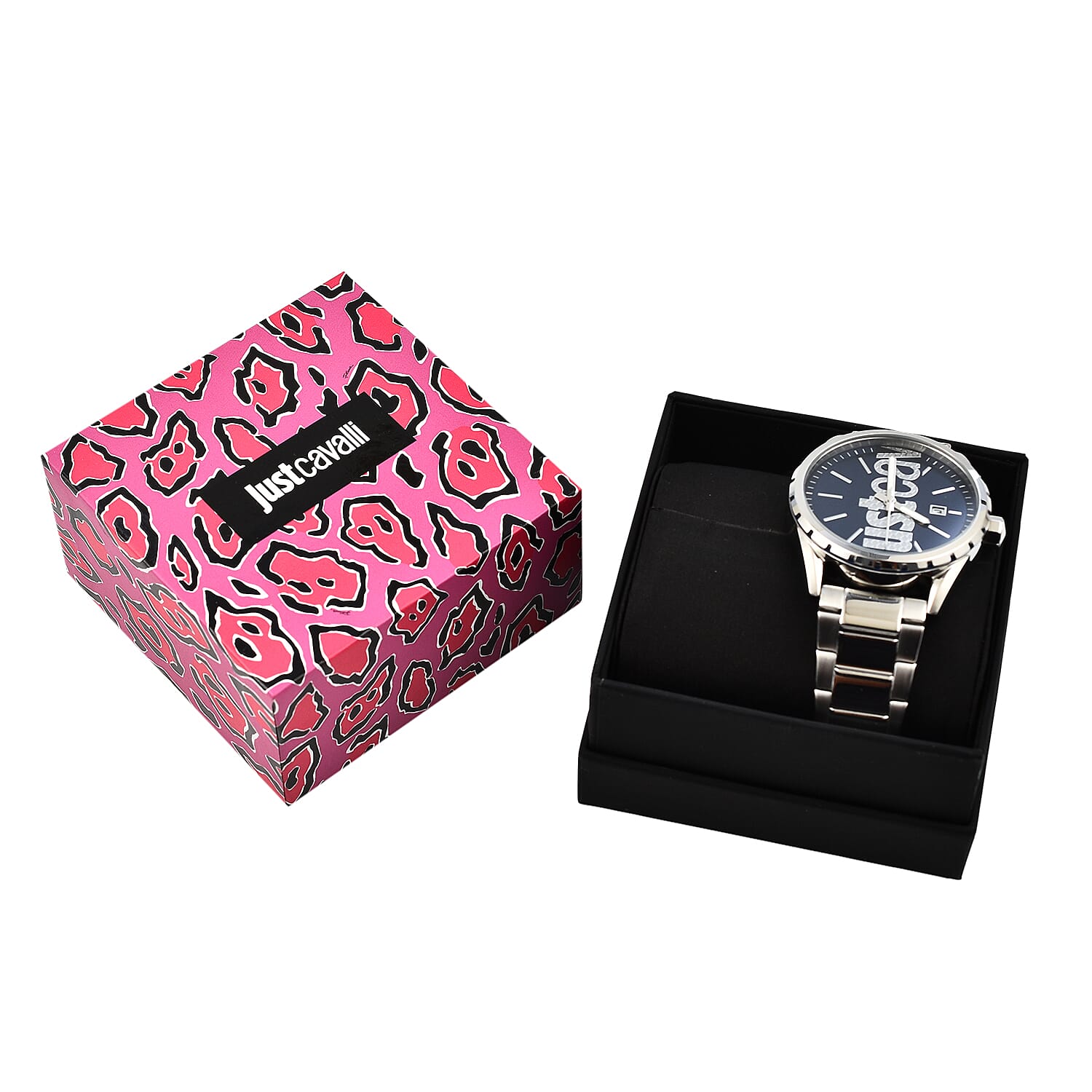 JUST CAVALLI Blue Dial Water Resistant Watch with Stainless Steel Chain Strap