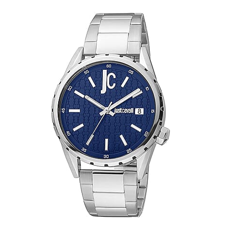 JUST CAVALLI 10 ATM Water Resistant Blue Dial Watch with Stainless Steel Chain Strap