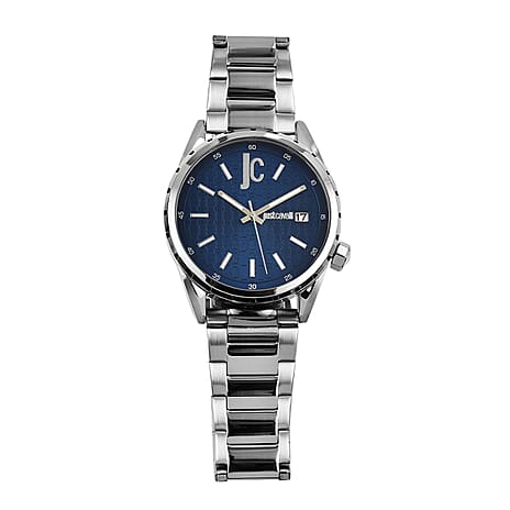 JUST CAVALLI 10 ATM Water Resistant Blue Dial Watch with Stainless Steel Chain Strap