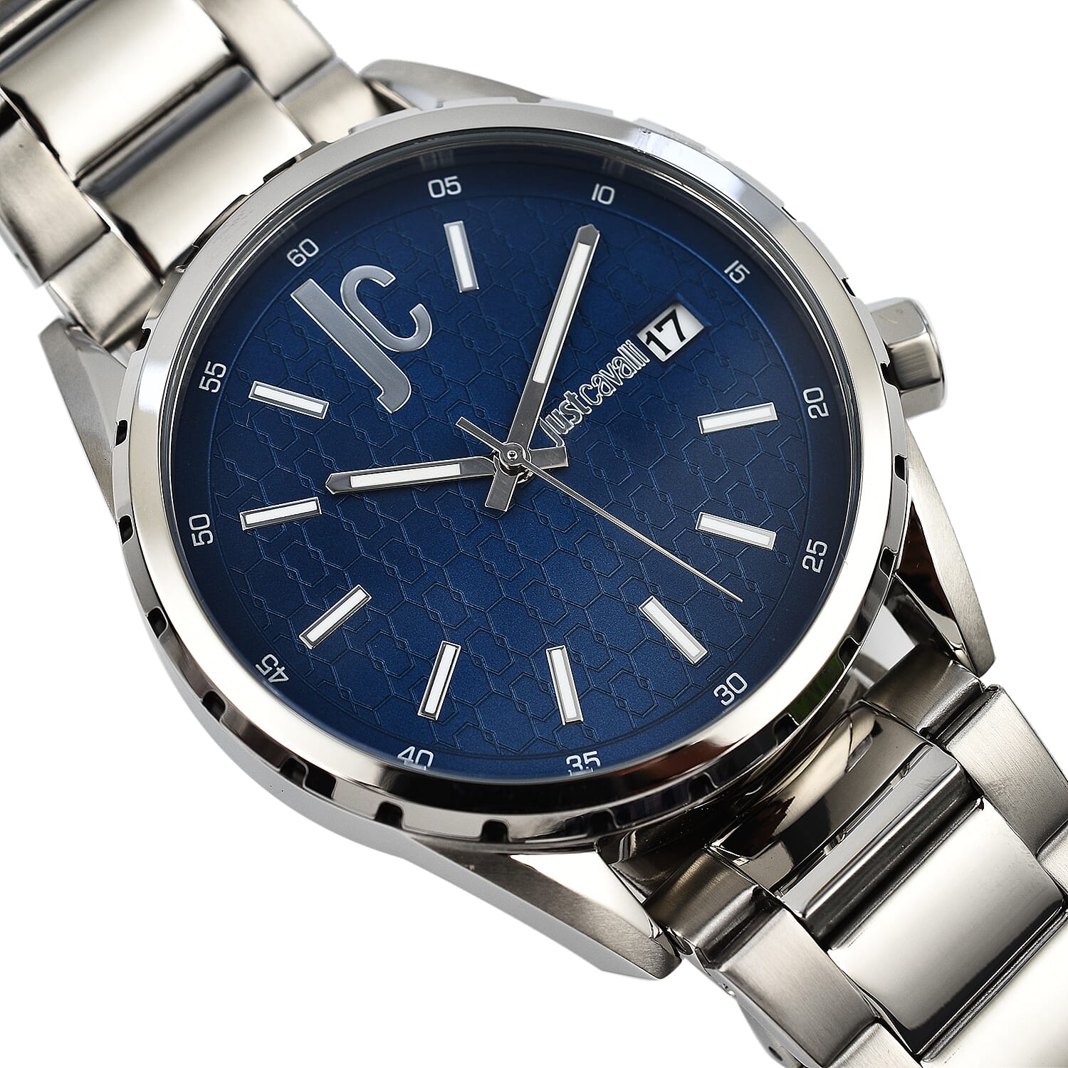 JUST CAVALLI 10 ATM Water Resistant Blue Dial Watch with Stainless Steel Chain Strap