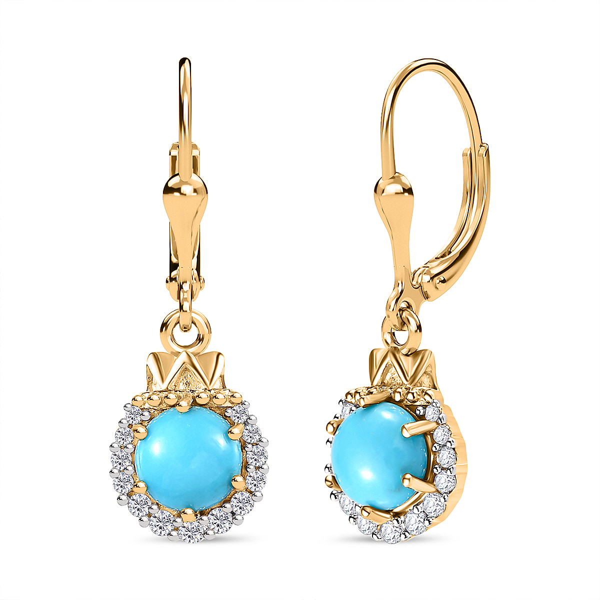 Arizona Sleeping Beauty Turquoise & Natural Zircon Lever Back Earring in 18K Vermeil YG Plated Sterling Silver 1.90 Ct.