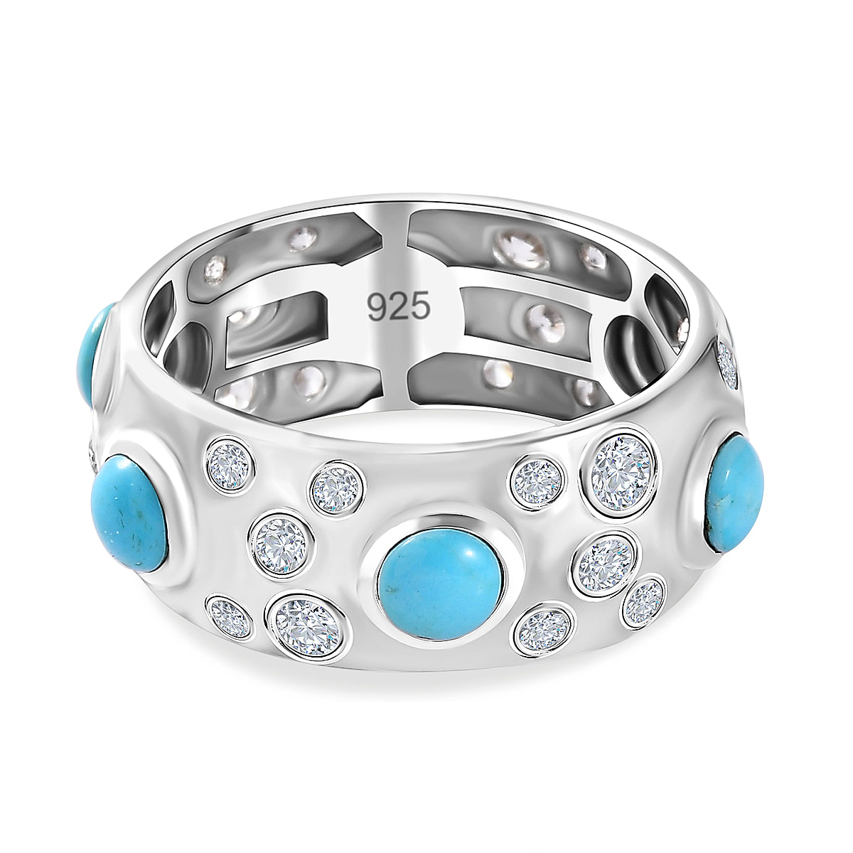 Arizona Sleeping Beauty Turquoise & Natural Zircon Band Ring in Platinum Overlay Sterling Silver 2.61 Ct