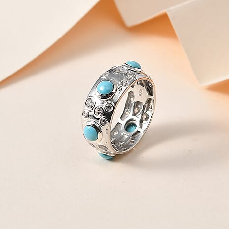 Arizona Sleeping Beauty Turquoise & Natural Zircon Band Ring in Platinum Overlay Sterling Silver 2.61 Ct