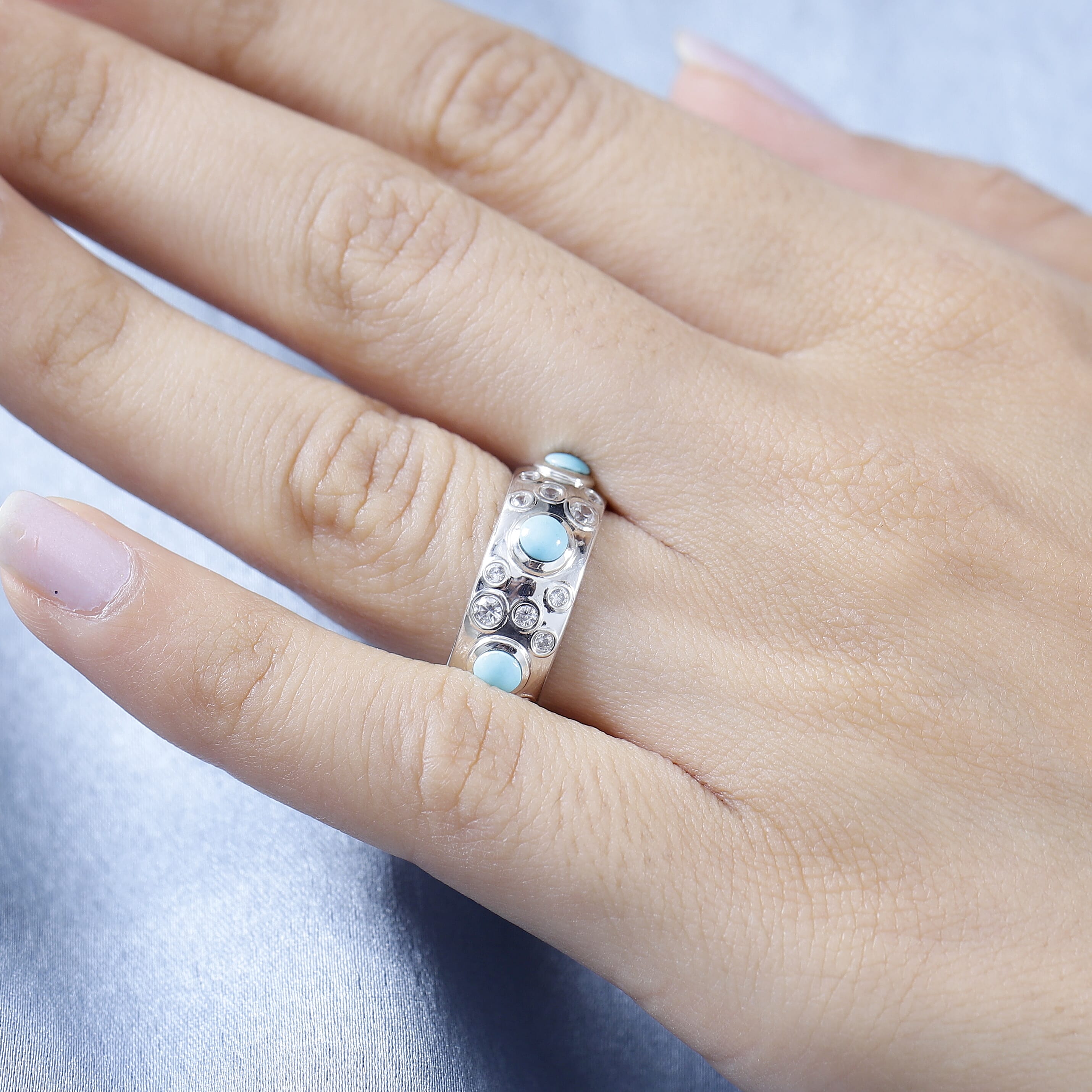 Arizona Sleeping Beauty Turquoise & Natural Zircon Band Ring in Platinum Overlay Sterling Silver 2.61 Ct