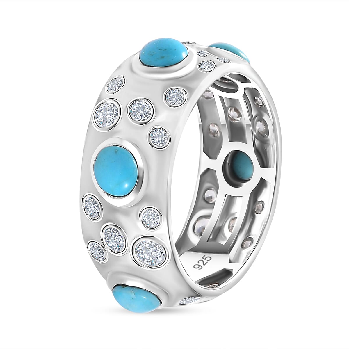 Arizona Sleeping Beauty Turquoise & Natural Zircon Band Ring in Platinum Overlay Sterling Silver 2.61 Ct