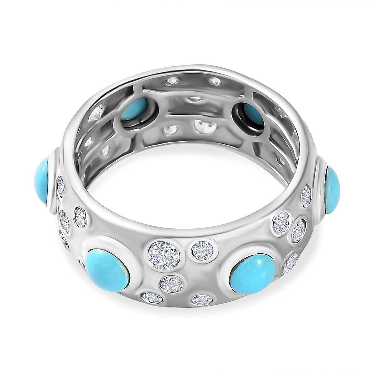 Arizona Sleeping Beauty Turquoise & Natural Zircon Band Ring in Platinum Overlay Sterling Silver 2.61 Ct