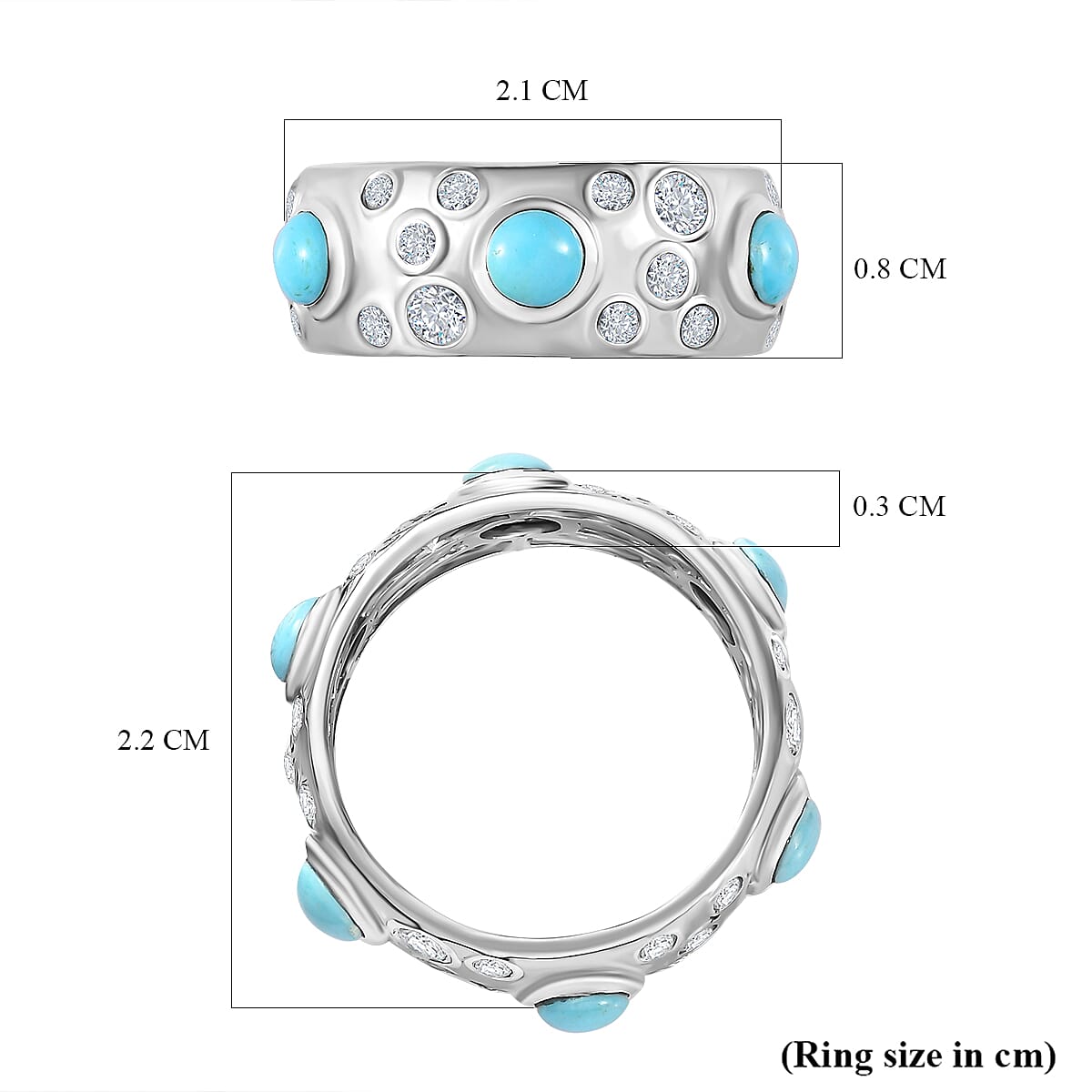 Arizona Sleeping Beauty Turquoise & Natural Zircon Band Ring in Platinum Overlay Sterling Silver 2.61 Ct