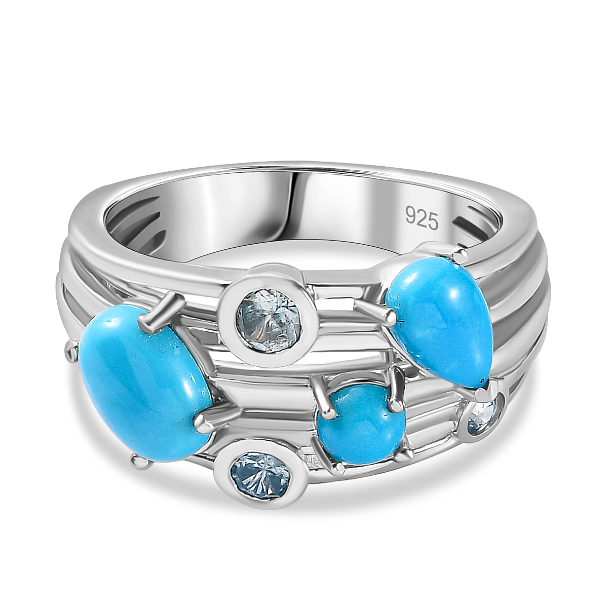 Arizona Sleeping Beauty Turquoise & Blue Zircon Multi Row Ring in Platinum Overlay Sterling Silver 1.85 Ct