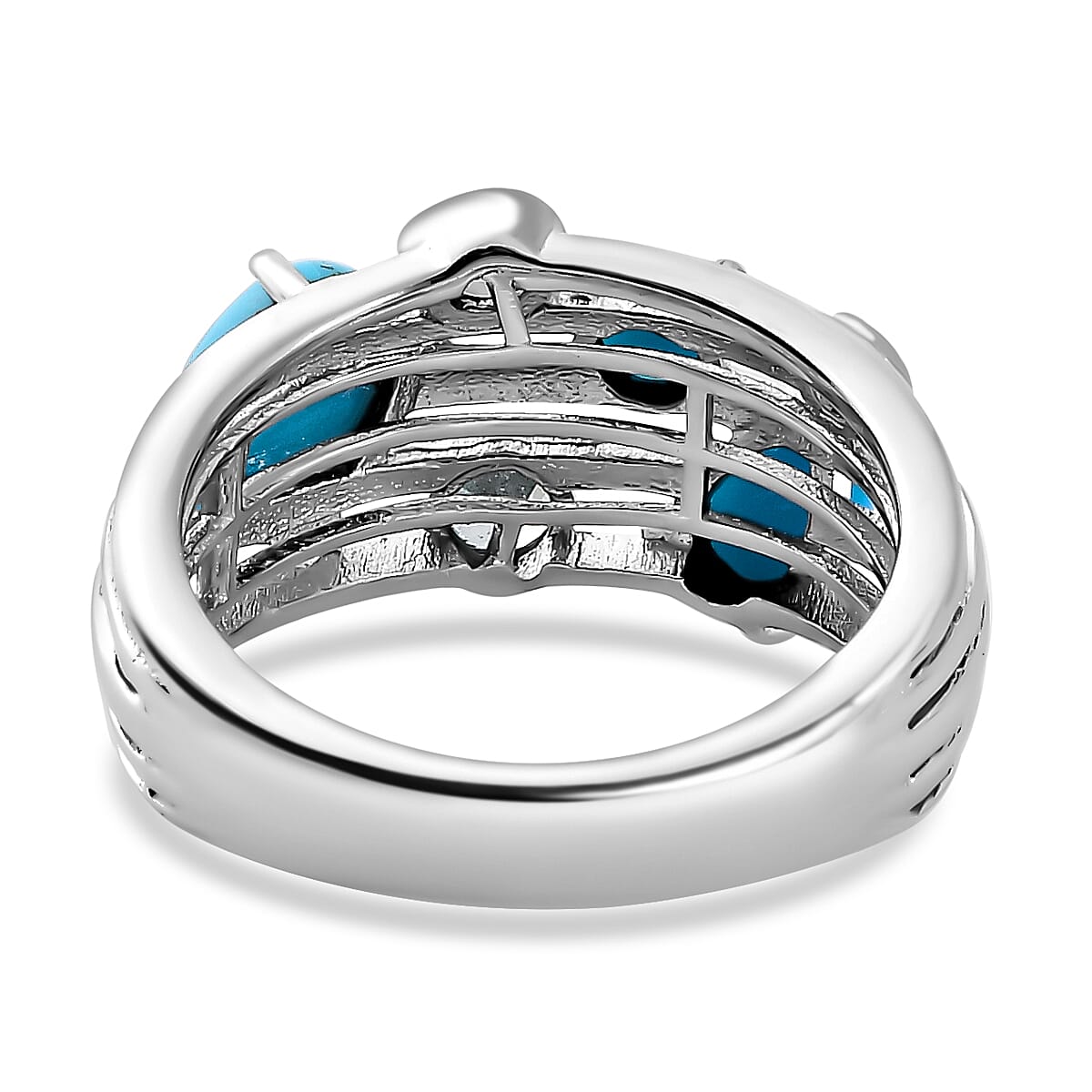 Arizona Sleeping Beauty Turquoise & Blue Zircon Multi Row Ring in Platinum Overlay Sterling Silver 1.85 Ct