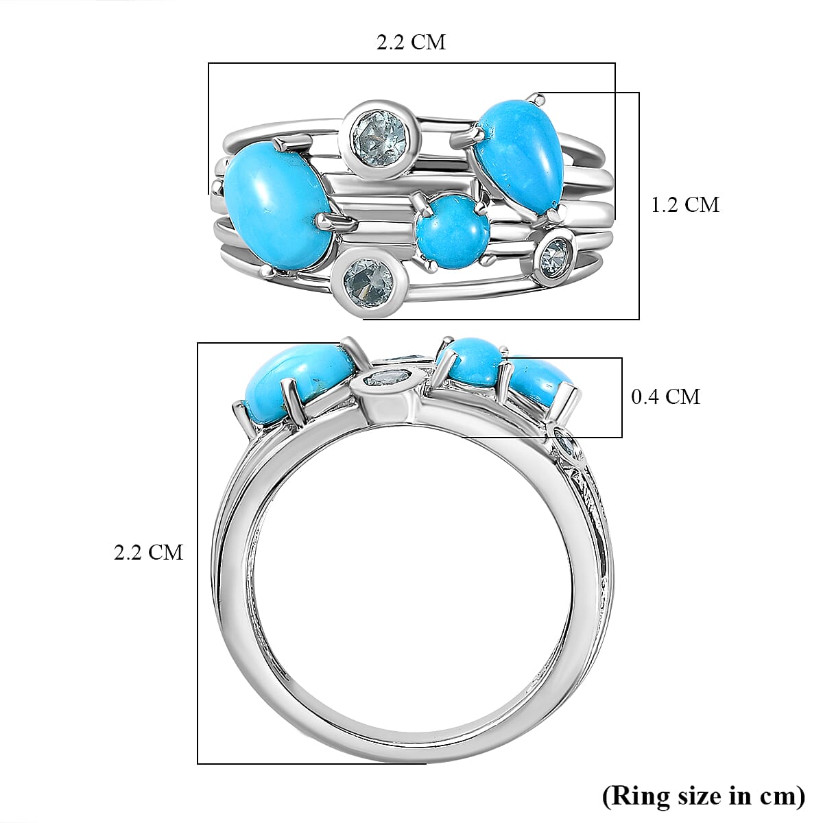 Arizona Sleeping Beauty Turquoise & Blue Zircon Multi Row Ring in Platinum Overlay Sterling Silver 1.85 Ct