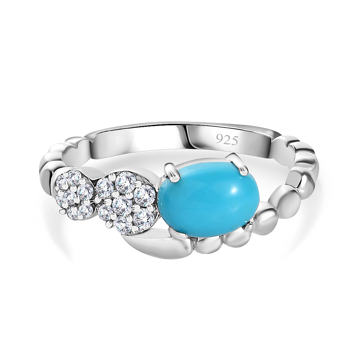 Sleeping Beauty Turquoise ,  White Zircon  Fancy Ring in Platinum Overlay Sterling Silver 1.17 ct  1.010  Ct.