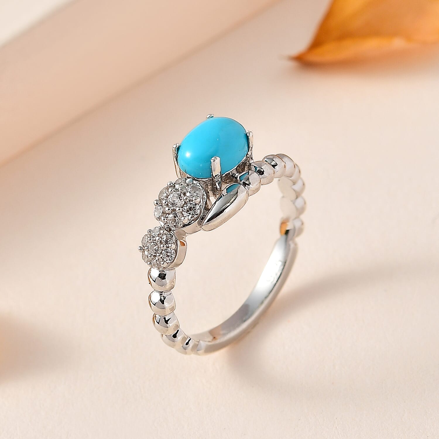 Arizona Sleeping Beauty Turquoise & Natural Zircon Ring in Platinum Overlay Sterling Silver 1.17 Ct