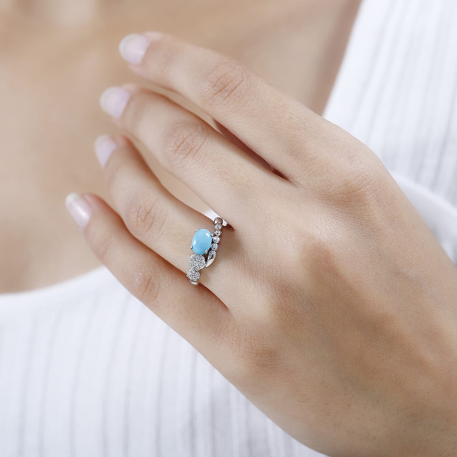 Arizona Sleeping Beauty Turquoise & Natural Zircon Ring in Platinum Overlay Sterling Silver 1.17 Ct