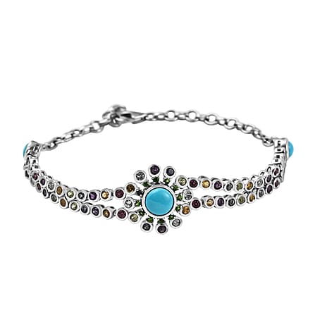 Arizona Sleeping Beauty Turquoise & Multi Gemstone Bracelet (Size - 6-8inch) in Platinum Overlay Sterling Silver 4.65 Ct.