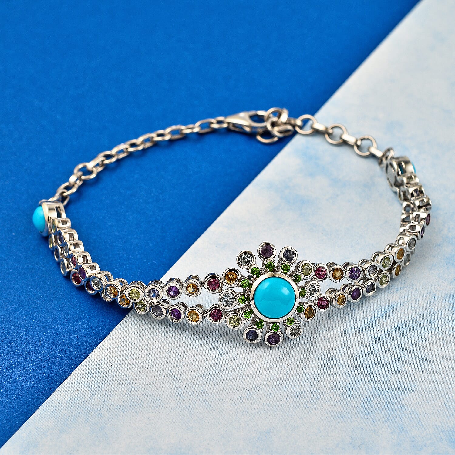 Arizona Sleeping Beauty Turquoise & Multi Gemstone Bracelet (Size - 6-8inch) in Platinum Overlay Sterling Silver 4.65 Ct.