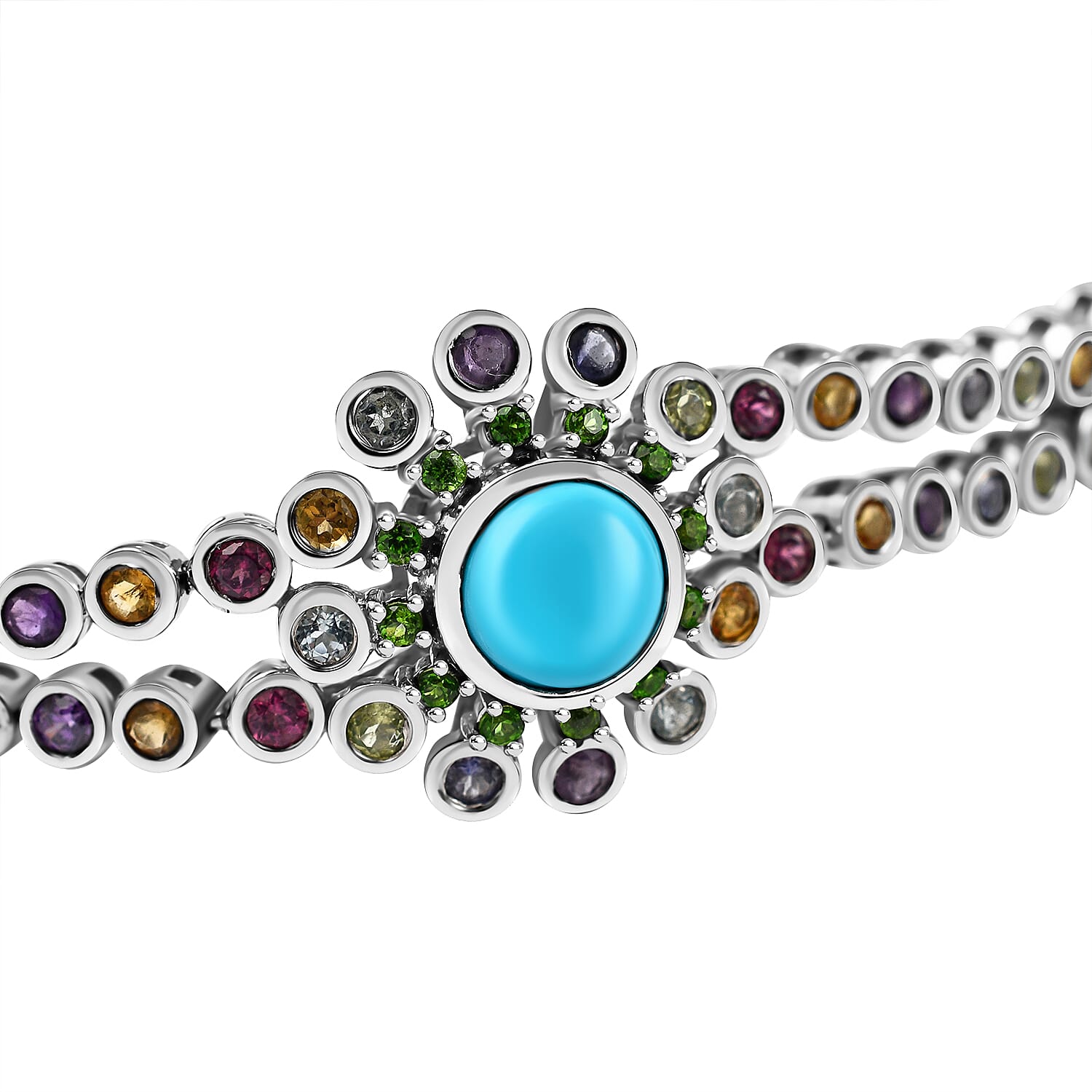 Arizona Sleeping Beauty Turquoise & Multi Gemstone Bracelet (Size - 6-8inch) in Platinum Overlay Sterling Silver 4.65 Ct.