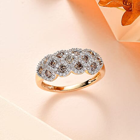 Designer Inspired - 9K Yellow Gold SGL Certified Natural Champagne & White Diamond Ring 1.00 Ct.