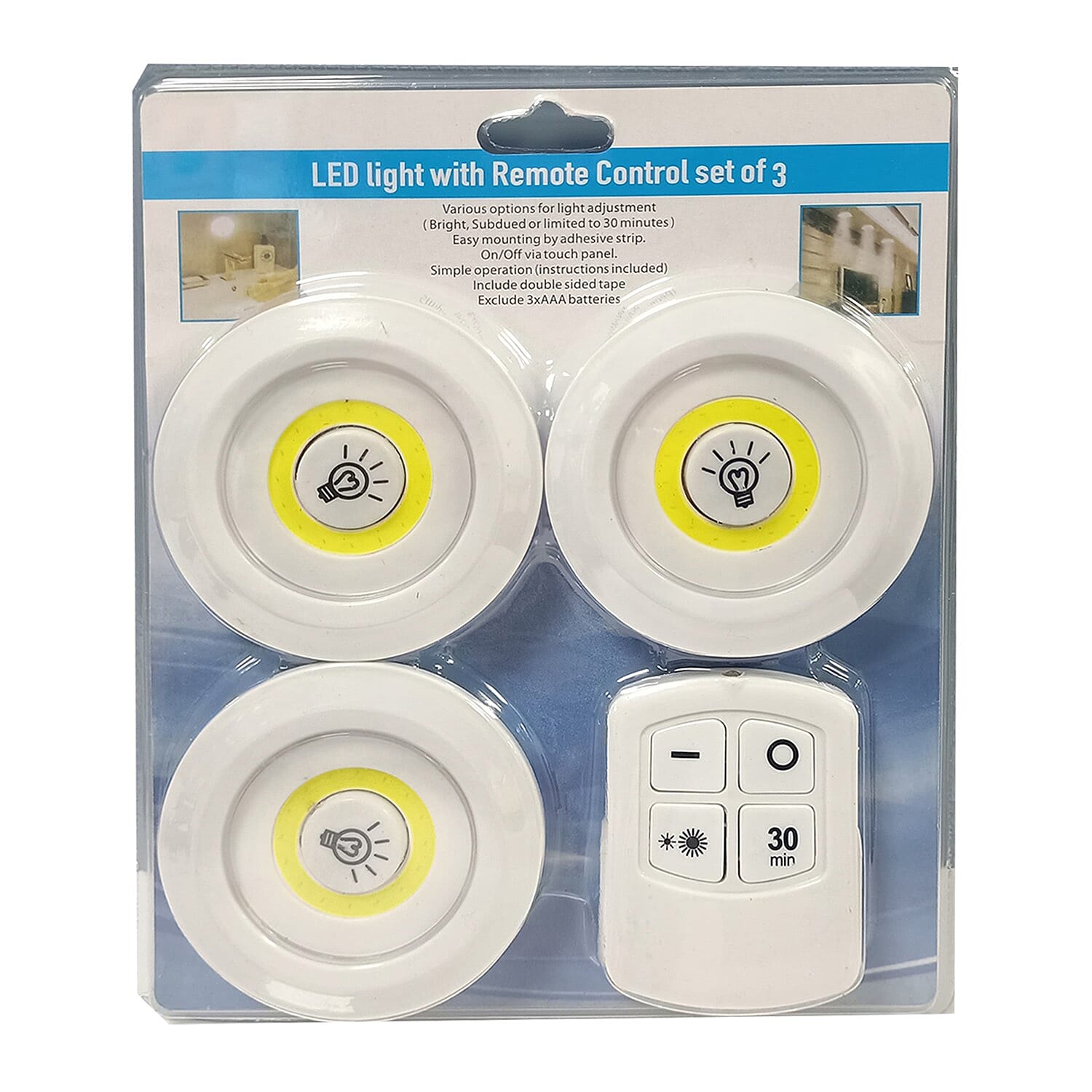 Set of 3 - LED Light with Remote Control (Incl. Double Sided Tape & 3AA Batteries Excl) - White