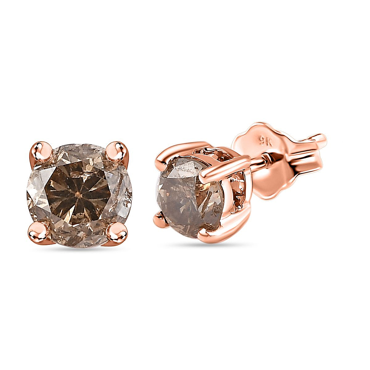 9K Rose Gold Natural Champagne Diamond Solitaire Stud 0.50 Ct