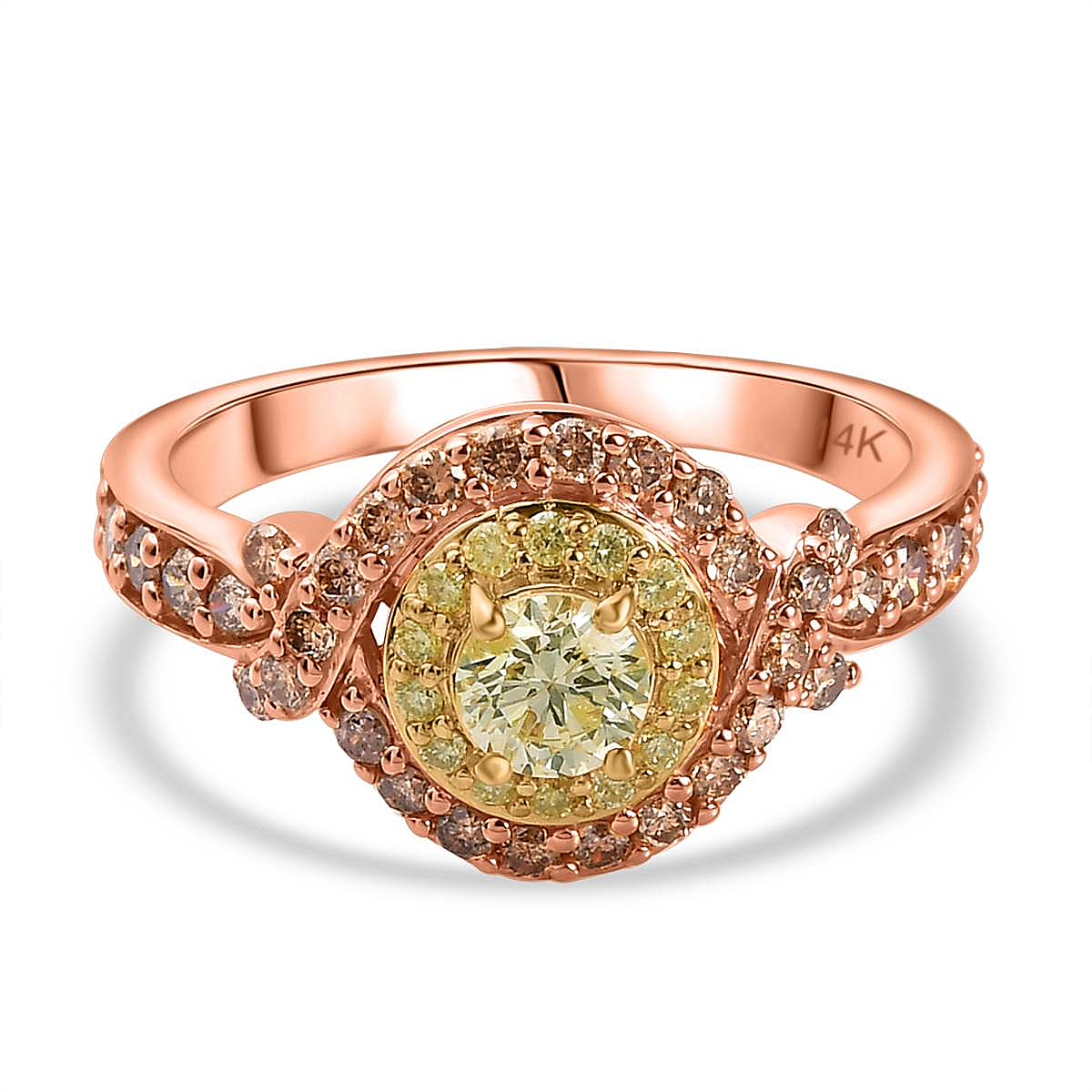 14K Rose Gold Certified Natural Yellow and Champagne Diamond I1-I2  Ring 1.00 Ct.